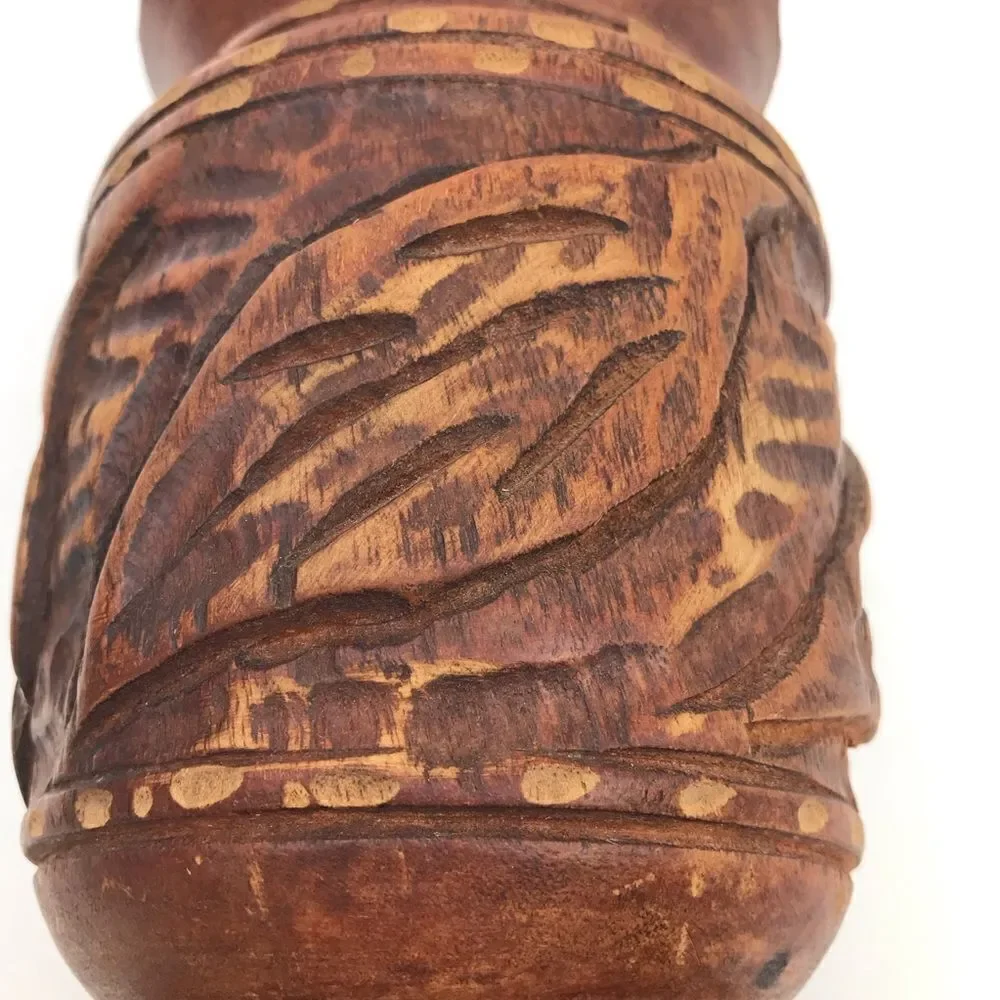 Wood Hand Carved Brown Turned Pedestal  Vase